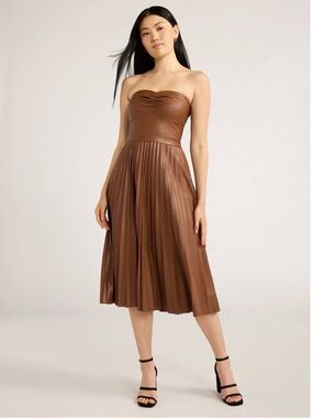 Faux Leather Strapless Pleated Midi Dress